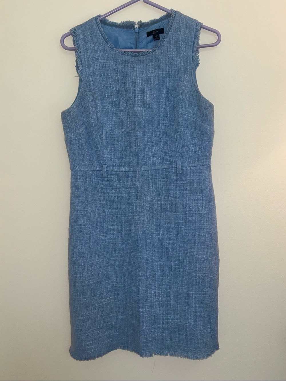 J.Crew Blue Tweed Fringe Sheath Dress Size 12P Petite Sleeveless Work Career